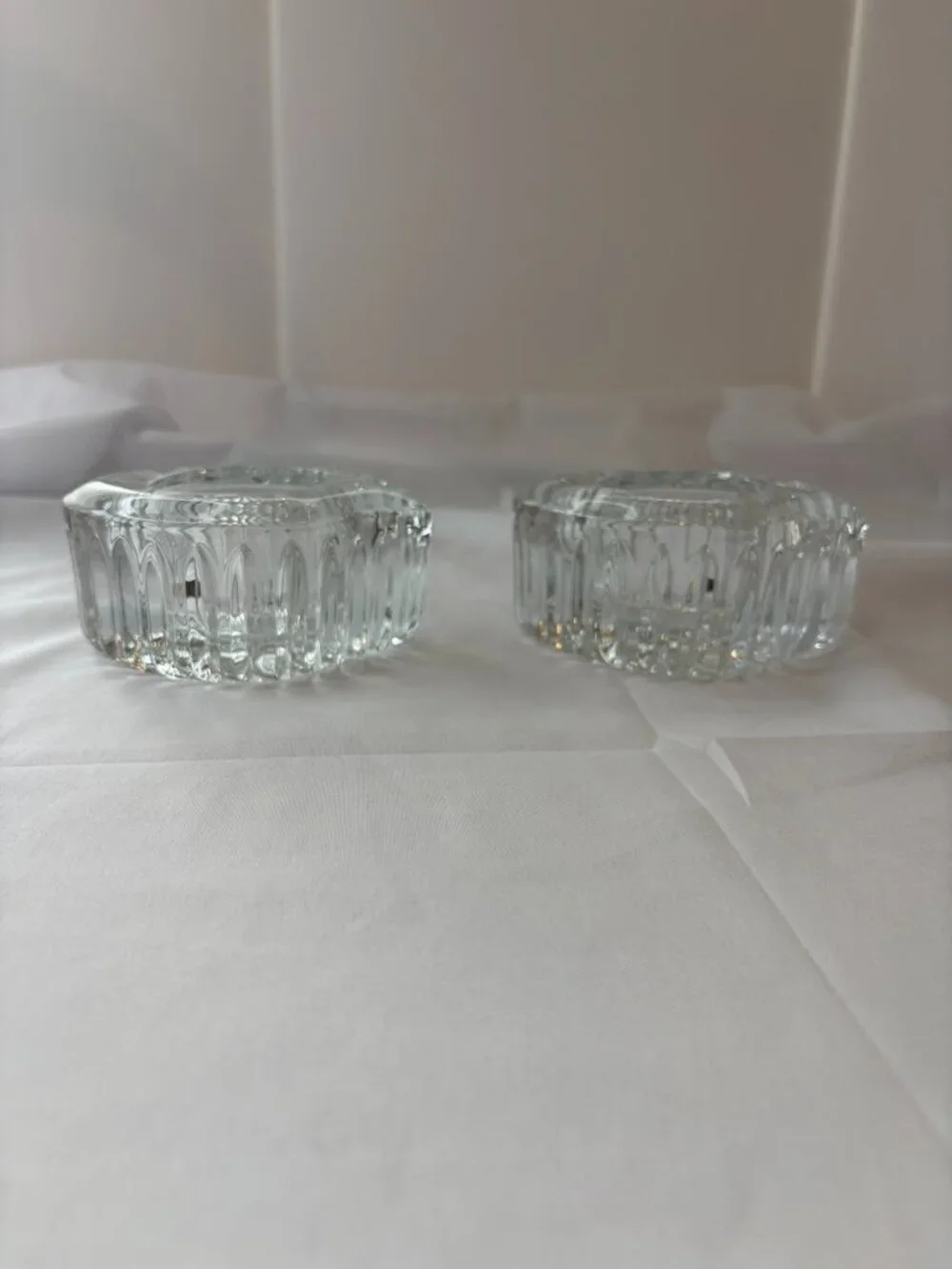 Set of 2 Clear Crystal Candle Holders Heavy Modern Sculptural Glass Decor MCM